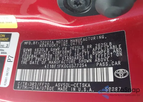 2012 Toyota Camry Se z USA, uszkodzony, nr VIN 4T1BF1FK0CU577254